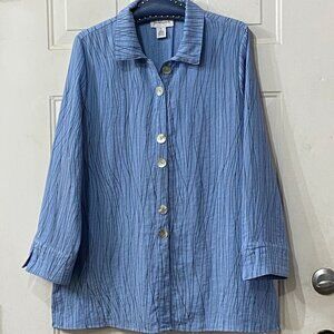 Peck & Peck Sz XL Womens Tunic Button Up Long Sleeve Blue/Black Chaotic Stripes